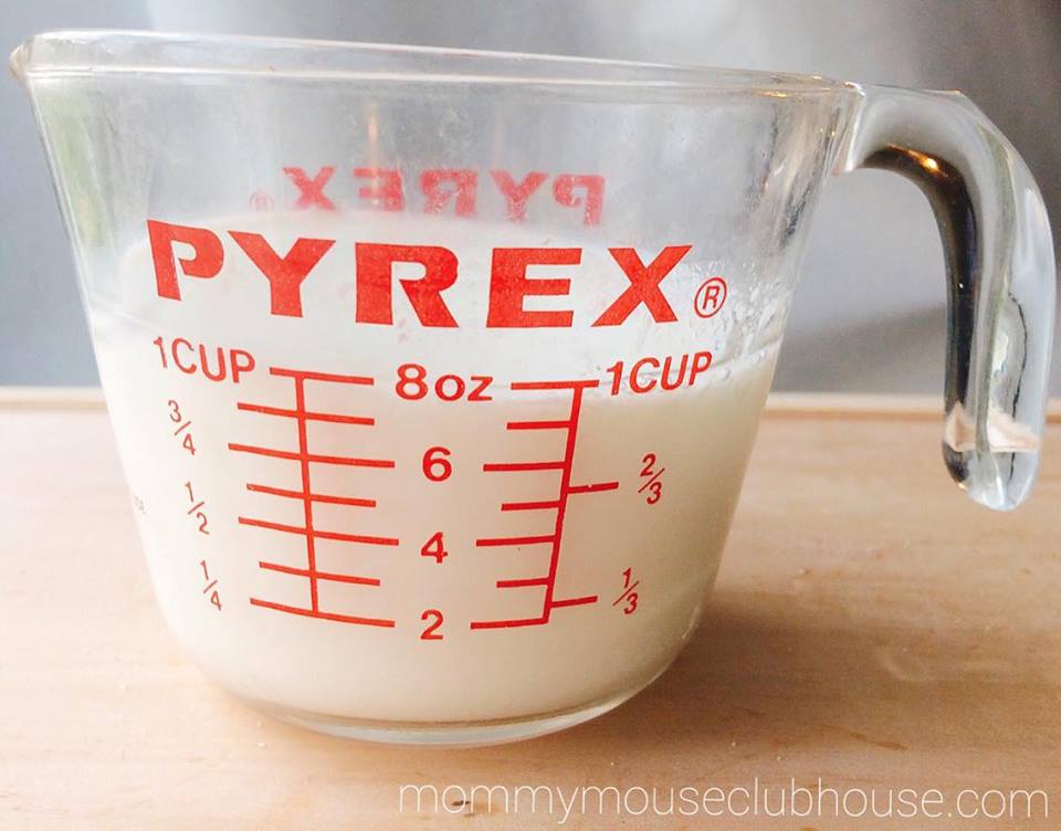 buttermilk in a measuring cup to make Honey Buttermilk Biscuits