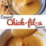 Chicken dipped into a bow of sauce, text "Copycat Chick-fil-a Sauce"