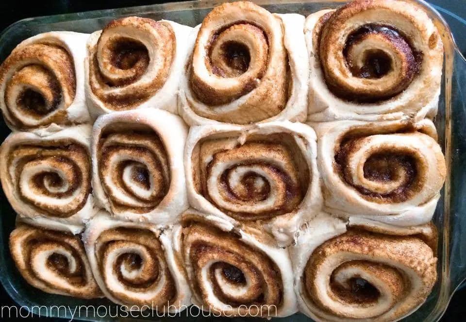 Freshly baked Cake Mix Cinnamon Rolls in a baking dish.