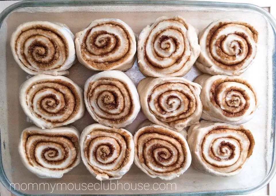 Raw Cake Mix Cinnamon Rolls in a baking dish.