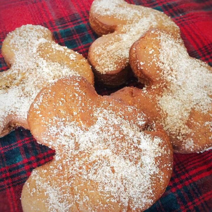 Mickey Mouse gingerbread beignets on a plaid background.