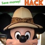 Text "Disney World Amazon Hack Save Money" and Mickey in a safari hat.