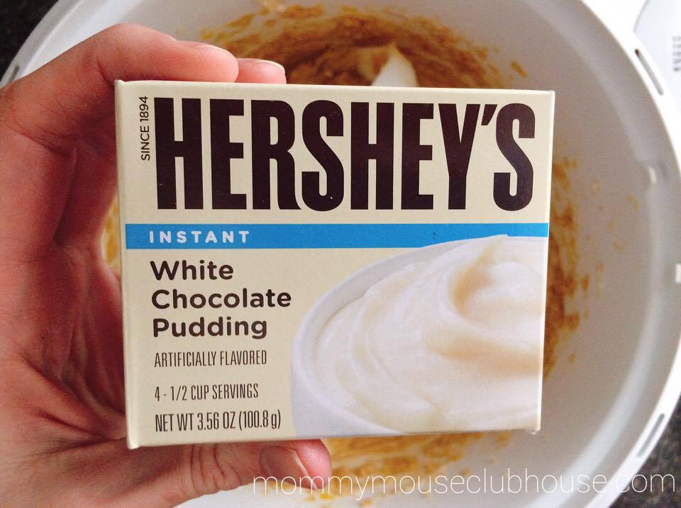 A box of white chocolate pudding over cookie dough to make Disneyland's Raspberry White Chocolate Chip Cookies