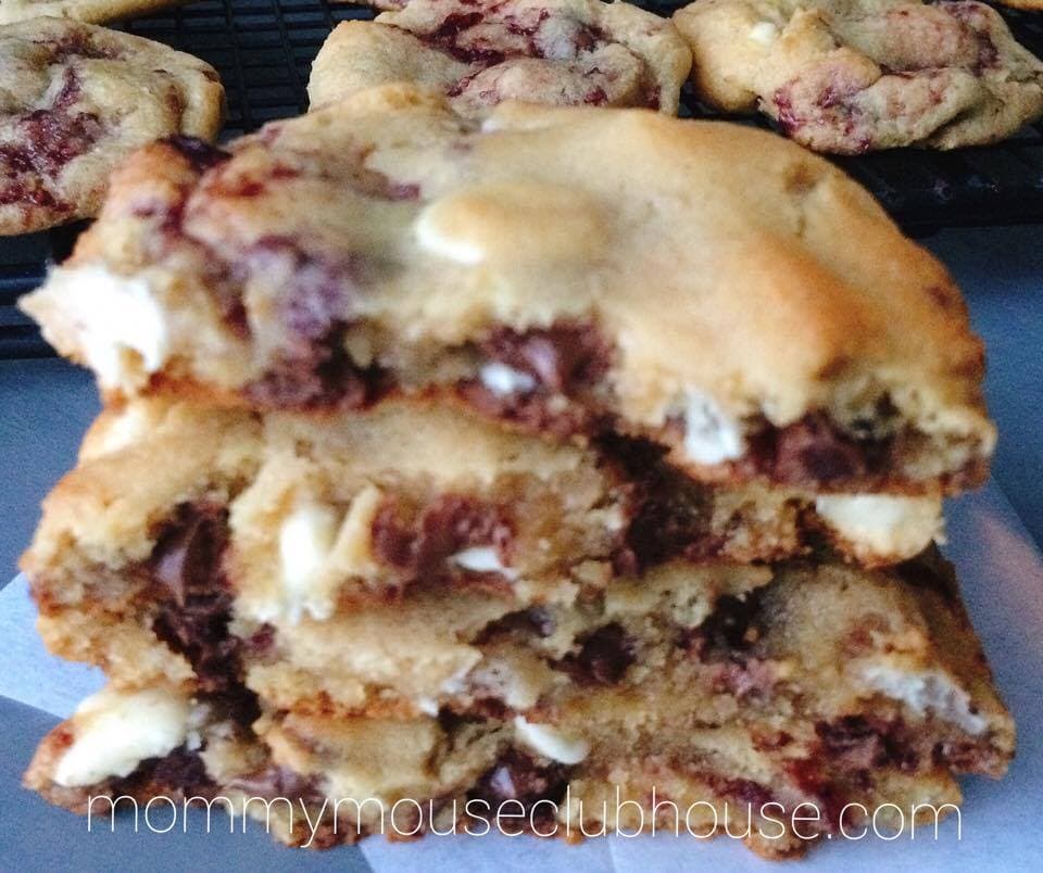 A stack of Disneyland's Raspberry White Chocolate Chip Cookies