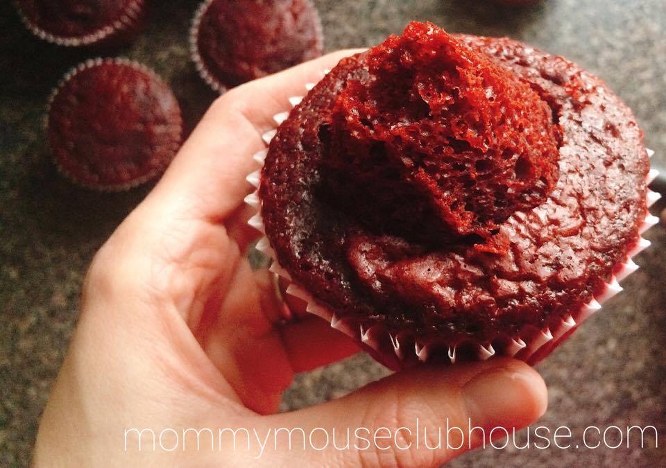 The middle removed from a Red Velvet Cheesecake Cupcakes