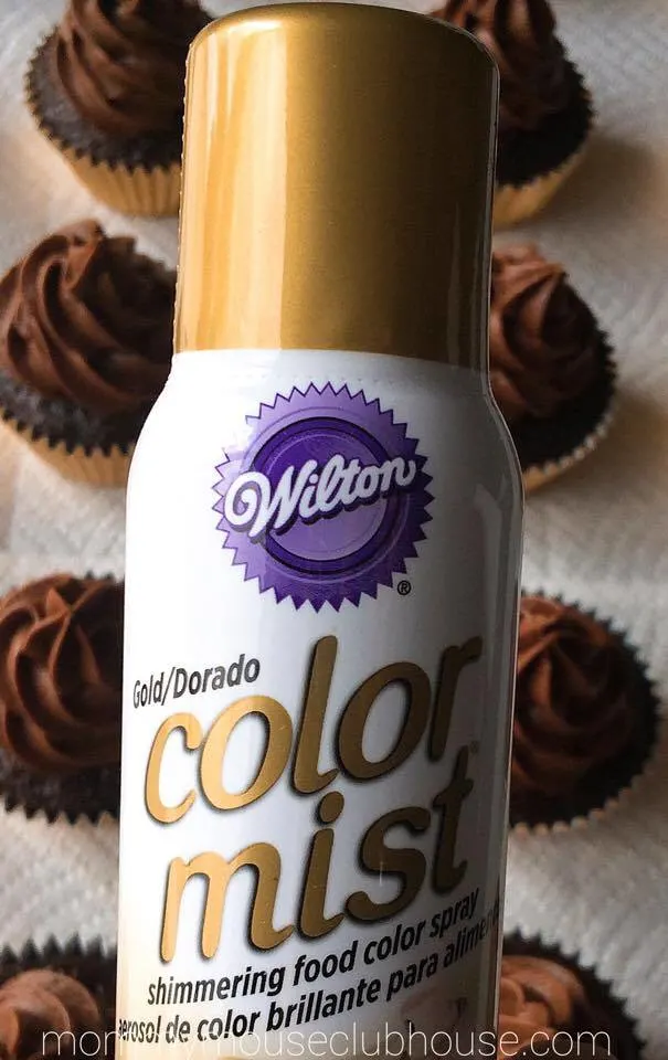 A bottle of Gold food coloring to make Chocolate Salted Caramel Cupcakes
