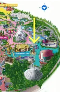 Map of Tomorrowland showing the location of Jedi Training at Disneyland
