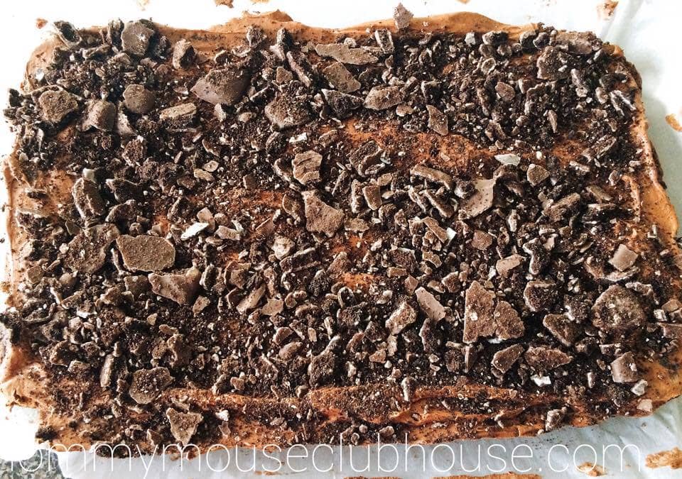 Crushed Thin Mint cookies on top of Thin Mint Brownies