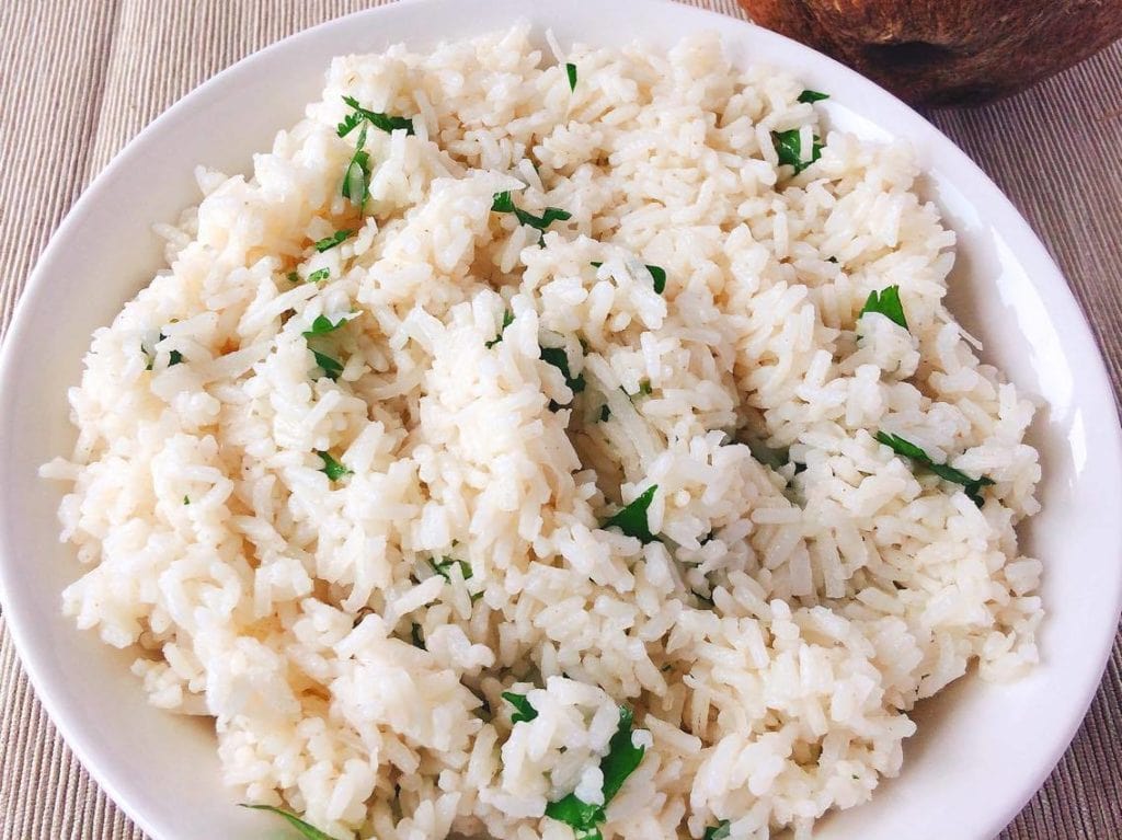 Easy Five Minute Coconut Rice in a white bowl.