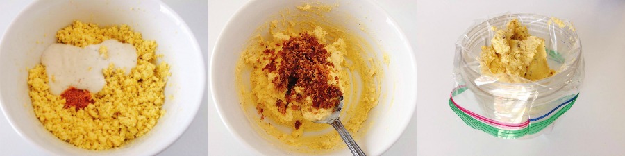Crack Deviled Eggs Step 4 Smashed Egg Yolks with Ranch Dressing and Seasoned Salt, Step 5 Deviled egg yolks with crumbled bacon, Step 6 Deviled Egg yolks in a piping bag.