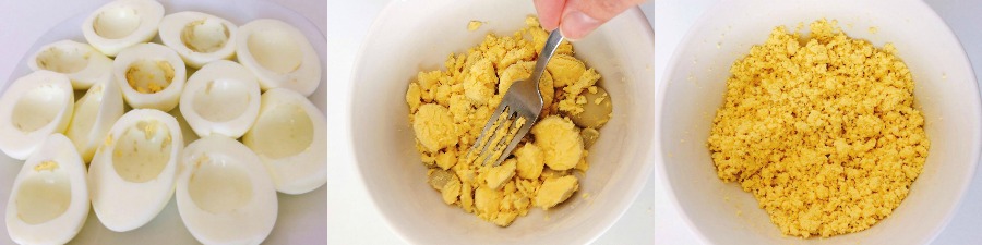 Step 1 Hard boiled eggs with no yolk, Step 2 A fork smashing hard boiled egg yolks, Step 3 a bowl mashed egg yolks.