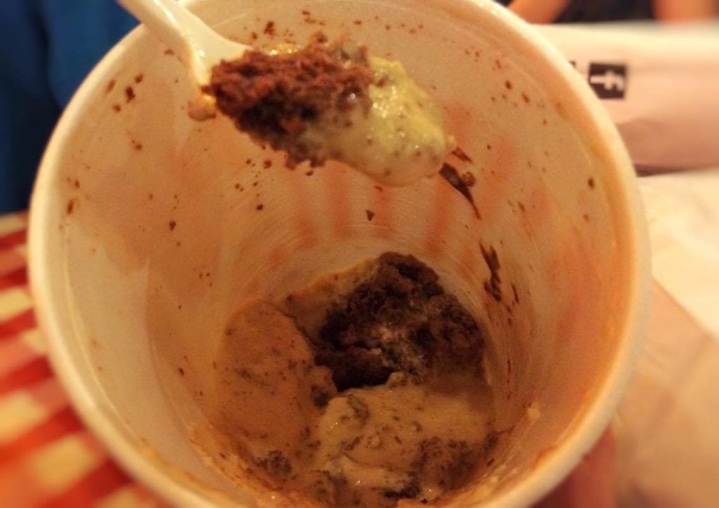 Spoonful of cake from a chocolate cake shake from Portillo's Hot Dogs