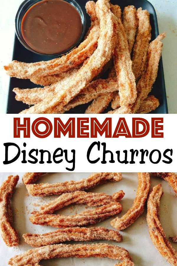 Homemade churros on a plate with hot fudge sauce, text "Homemade Disney Churros"