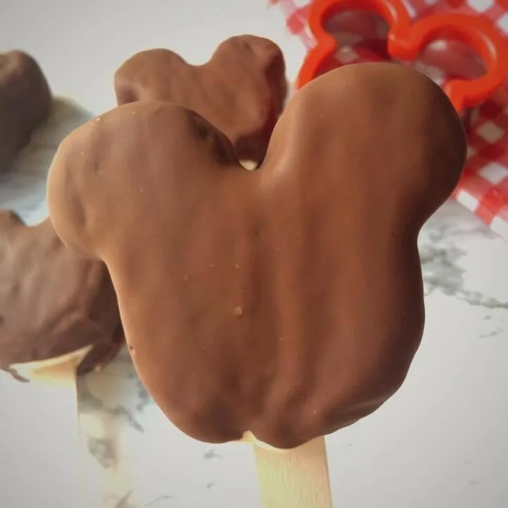 A close up picture of a homemade Mickey Mouse Shaped Ice Cream Bar on a stick.