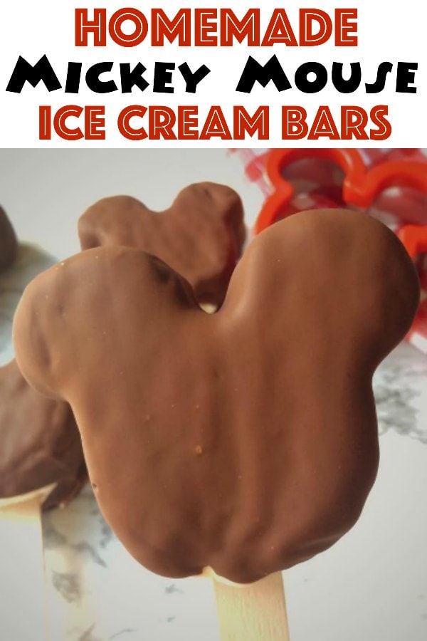 Text "Homemade Mickey Mouse Ice Cream Bars" a close up of a homemade hand dipped Mickey Mouse Ice Cream Bars.