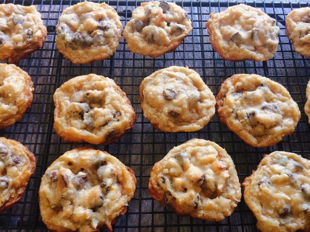 Almond Joy Crunch Cookies on a cooling rack.