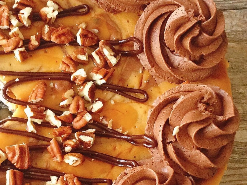 A top view of Caramel Pecan Turtle Cheesecake Copycat Recipe from Cheesecake Factory