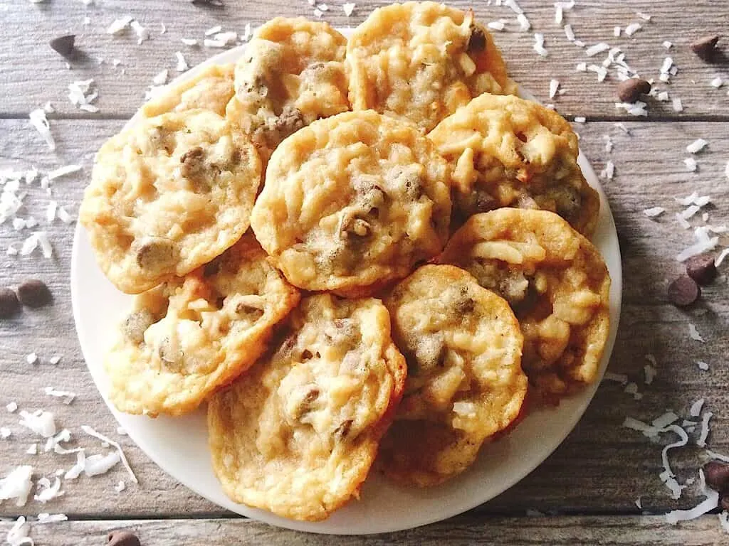 A plate of coconut almond chocolate chip cookies