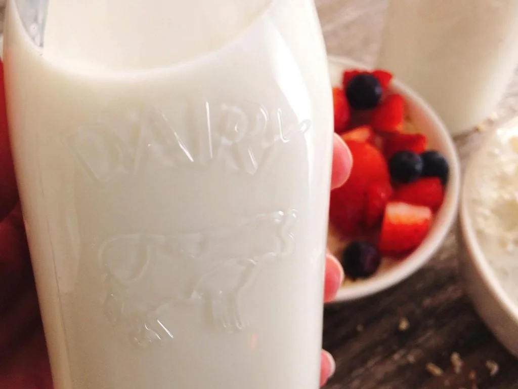 Close up photo of a bottle of milk in front of a bowl of Oatmeal