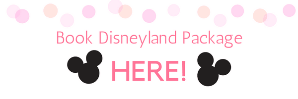 Clickable banner with pink polka dots and two Mickey Mouse Heads that says: Book Disneyland Package Here!