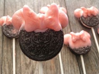 Oreo cookies on a stick with rose gold Minnie Mouse ears