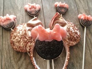 Oreo cookies on a stick with rose gold Minnie Mouse ears