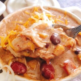 A spoon dipped into a bowl of creamy chicken chili