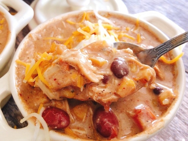 A spoon dipped into a bowl of creamy chicken chili