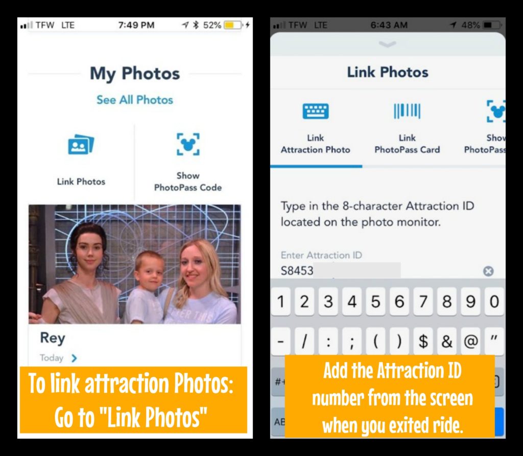 Screenshots of the Disneyland app showing you how to link PhotoPass photos to your account.
