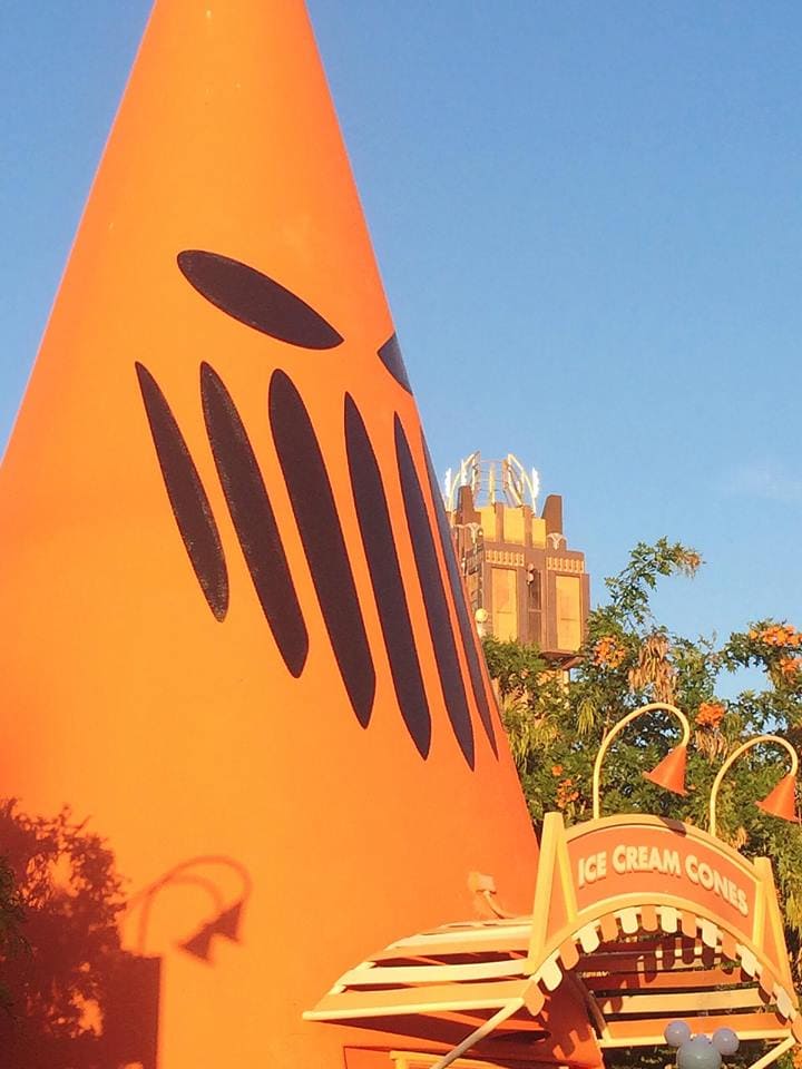 A large traffic cone with a scary face from Cars Land and Disney California Adventure