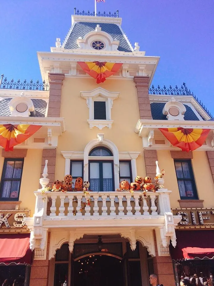 City Hall at Disneyland decorated for Mickey's Halloween Party.
