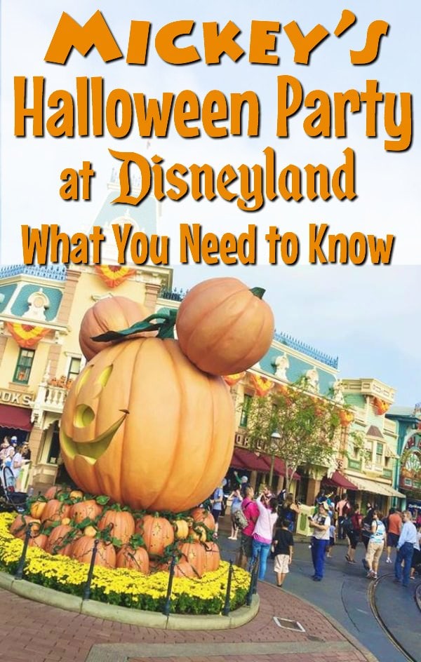 Text that says "Mickey's Halloween Party at Disneyland Everything You Need to Know" over a picture of a Mickey Mouse Shaped Pumpkin at Disneyland.