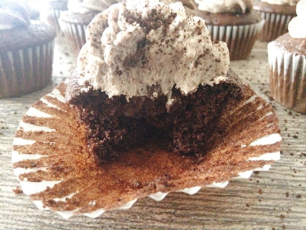 A bite taken out of a Death by OREO cupcake. Step 6.