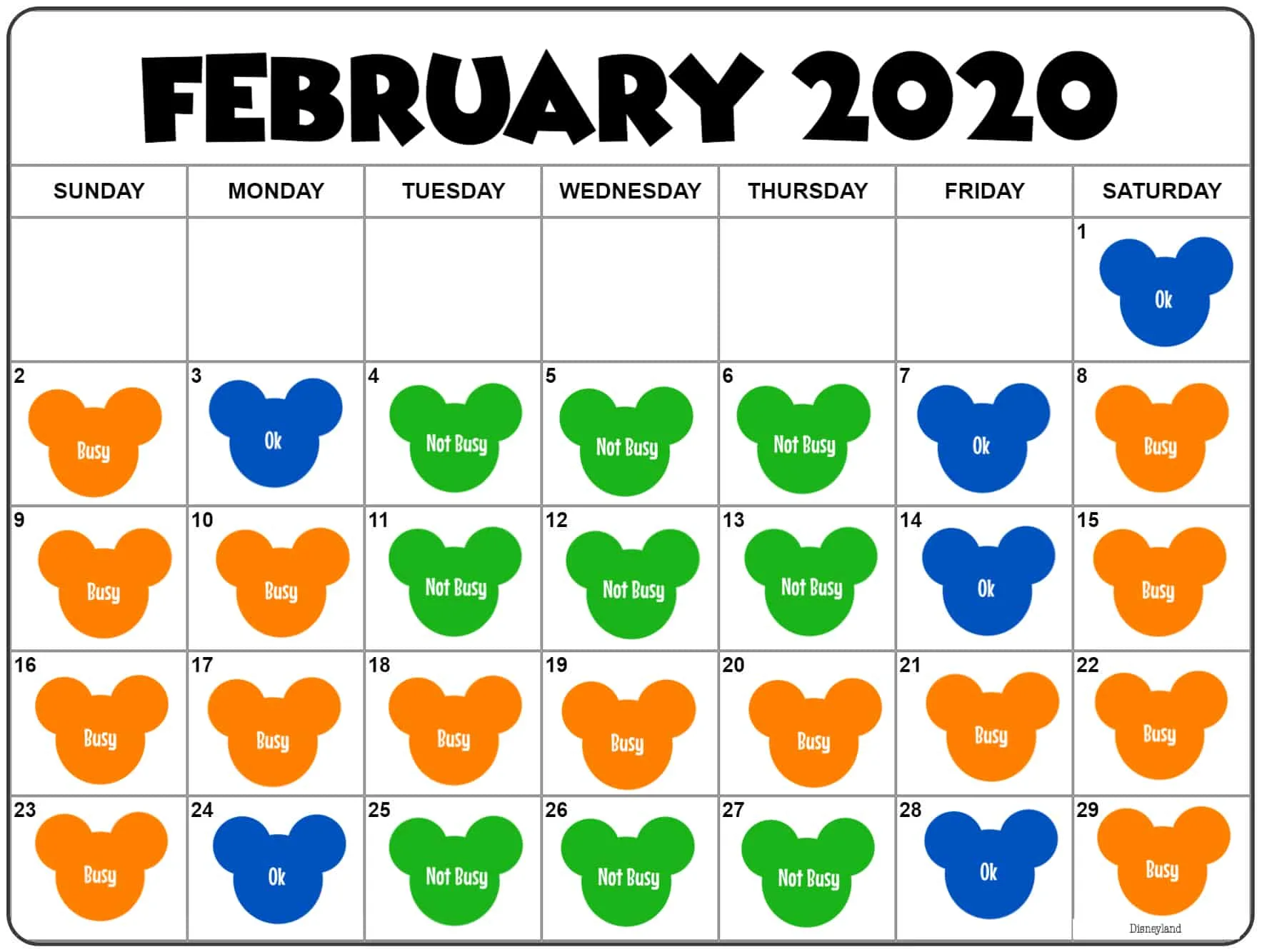 February 2020 Disneyland Crowd Calendar