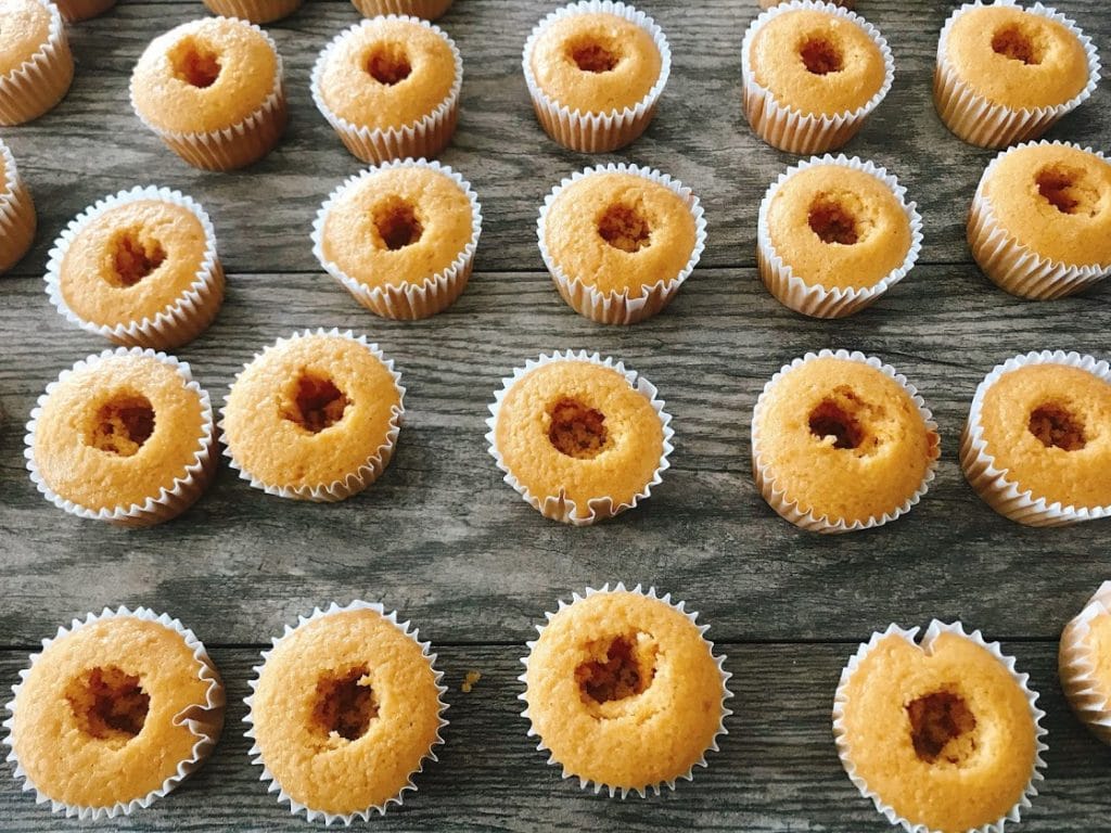 Butterbeer Cupcakes with the middle removed.