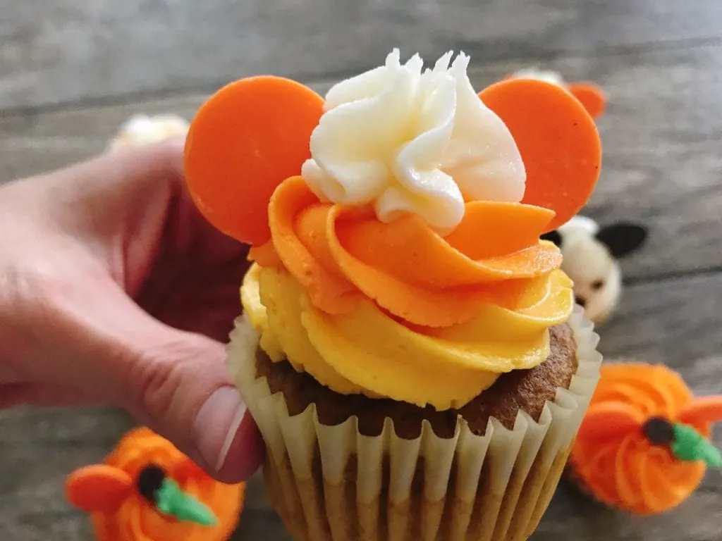 A Close up of a Mickey Mouse Candy Corn Halloween Cupcakes.