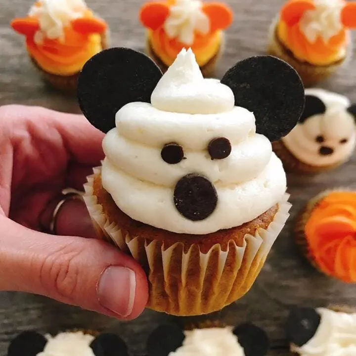 A close up of a Mickey Mouse Ghost Halloween Cupcakes.