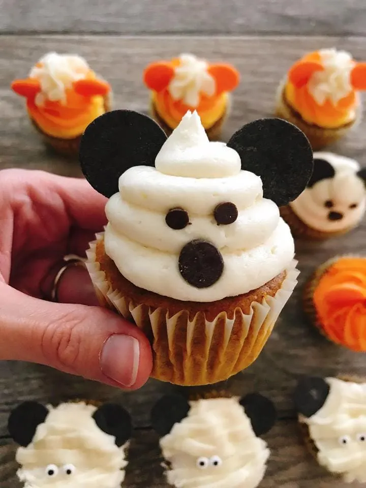 A close up of a Mickey Mouse Ghost Halloween Cupcakes.