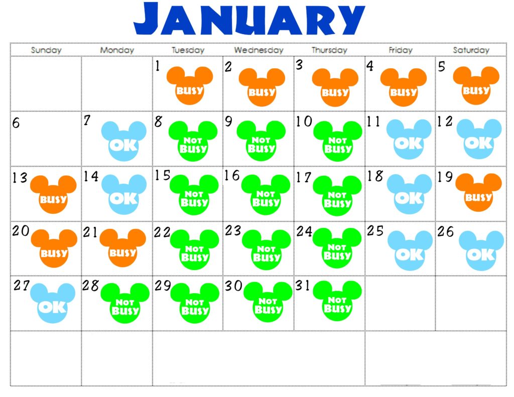 A January Disneyland Crowd Calendar with colorful Mickey Mouse Heads for each day.