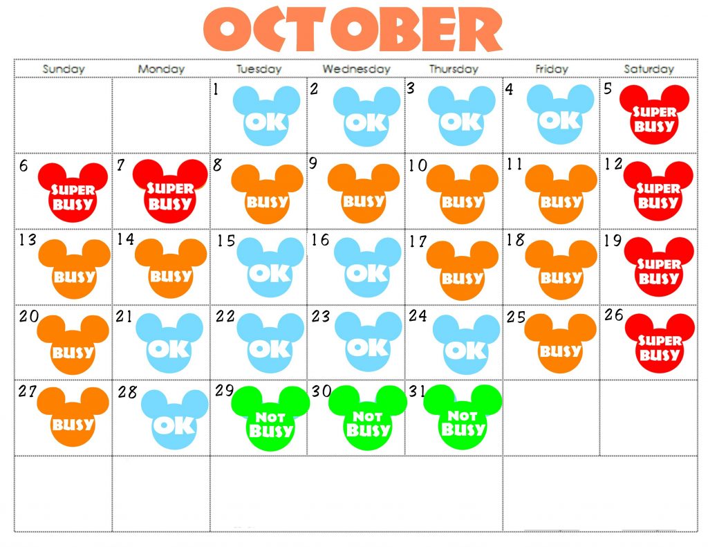 An October Disneyland Crowd Calendar with colorful Mickey Mouse Heads for each day.