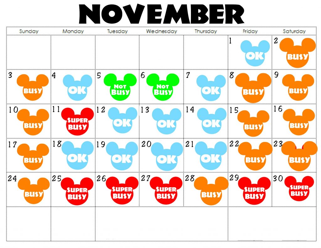 A November Disneyland Crowd Calendar with colorful Mickey Mouse Heads for each day.