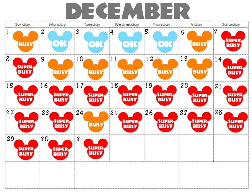 A December Disneyland Crowd Calendar with colorful Mickey Mouse Heads for each day.