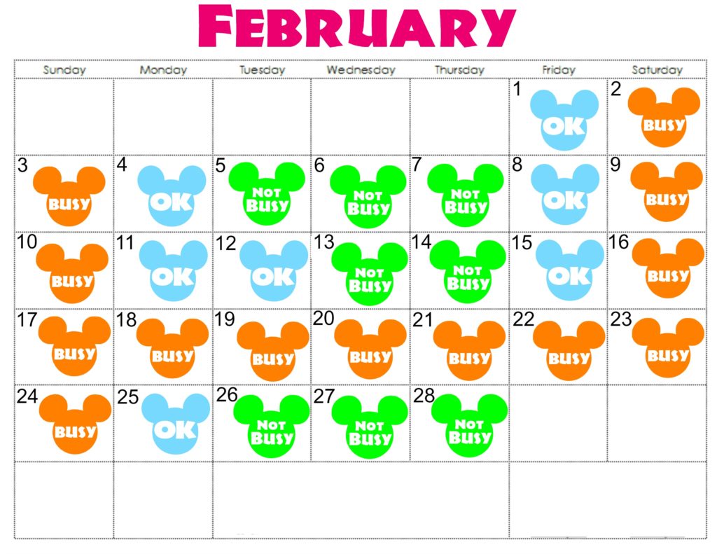 A February Disneyland Crowd Calendar with colorful Mickey Mouse Heads for each day.