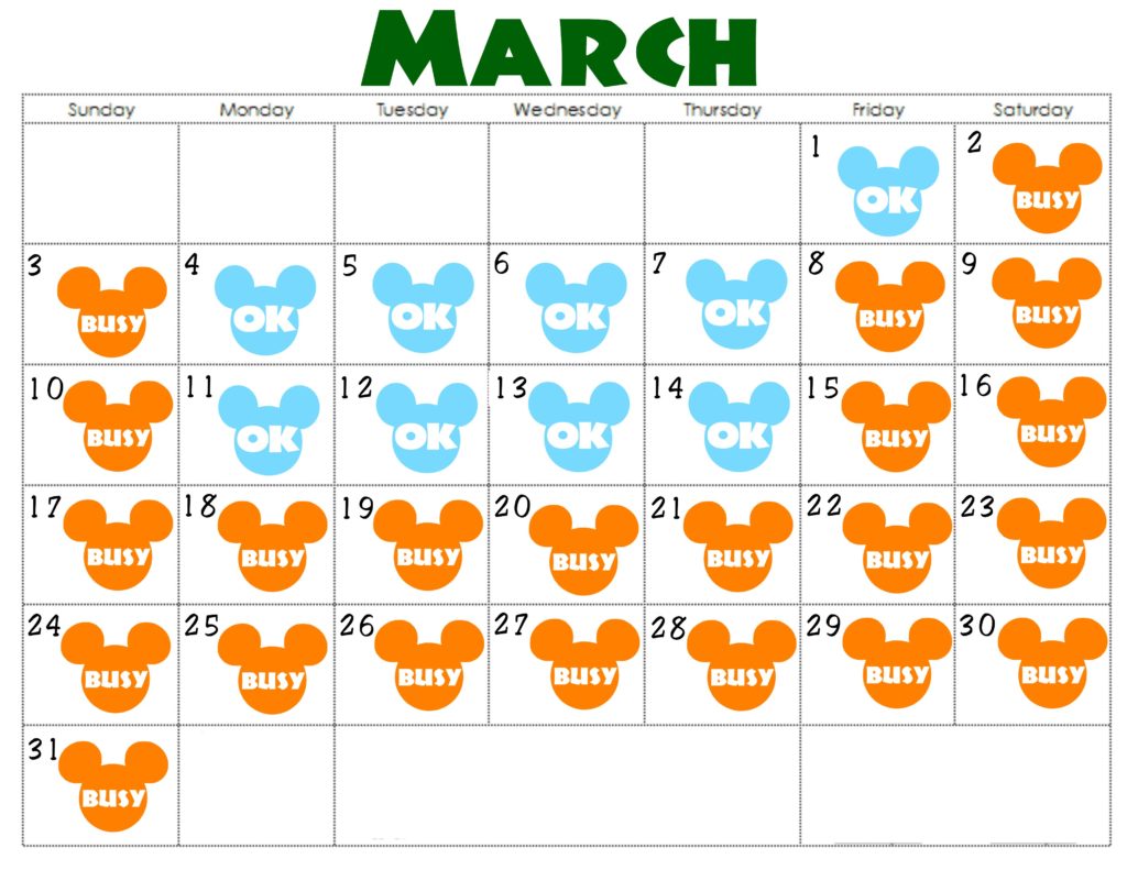 A March Disneyland Crowd Calendar with colorful Mickey Mouse Heads for each day.