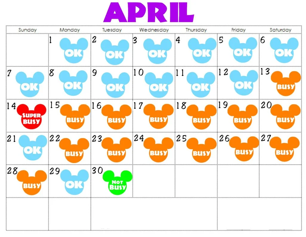 An April Disneyland Crowd Calendar with colorful Mickey Mouse Heads for each day.