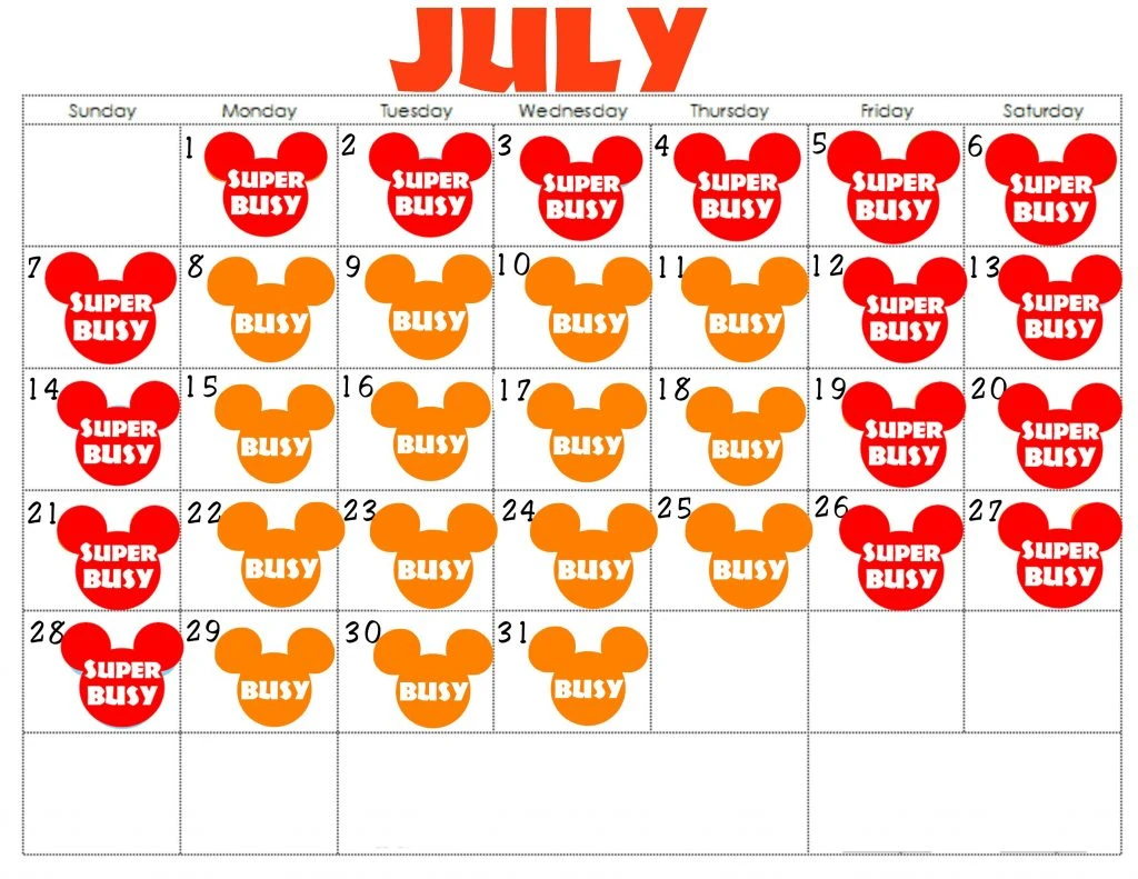 A July Disneyland Crowd Calendar with colorful Mickey Mouse Heads for each day.