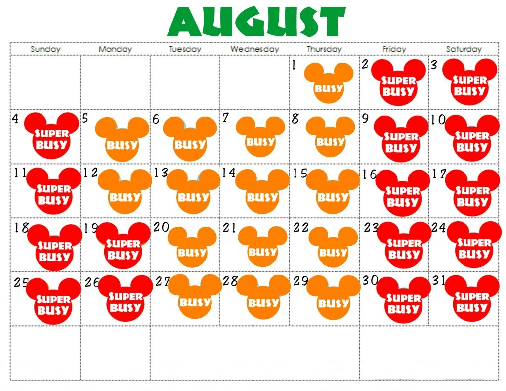 An August Disneyland Crowd Calendar with colorful Mickey Mouse Heads for each day.