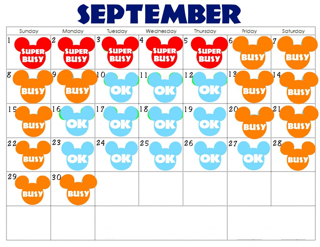 A September Disneyland Crowd Calendar with colorful Mickey Mouse Heads for each day.