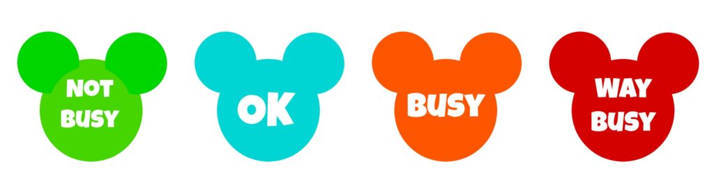 Green Mickey Head with text "Not Busy", Blue Mickey Head with text "Ok", Orange Mickey Head with text "Busy", Red Mickey Head with text "Way Busy".