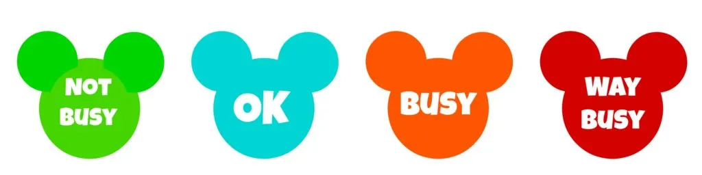 Green Mickey Head with text "Not Busy", Blue Mickey Head with text "Ok", Orange Mickey Head with text "Busy", Red Mickey Head with text "Way Busy".